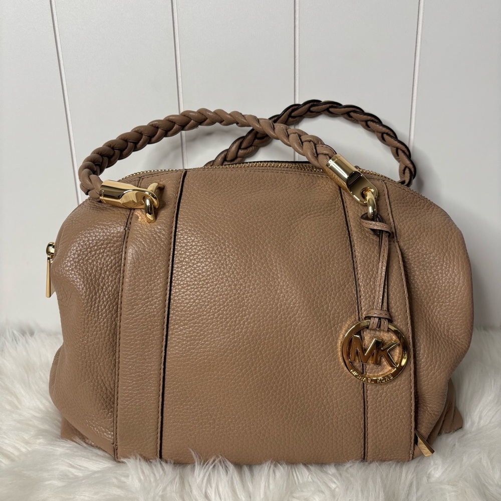 Michael Kors Tan Pebbled Leather Satchel Handbag Purse Braided Handles